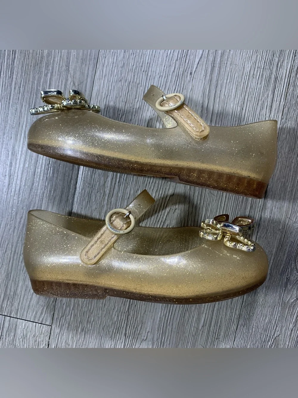 Mini Melissa Gold Sparkle Sweet Live Butterfly Mary Jane Jelly Shoes size 10